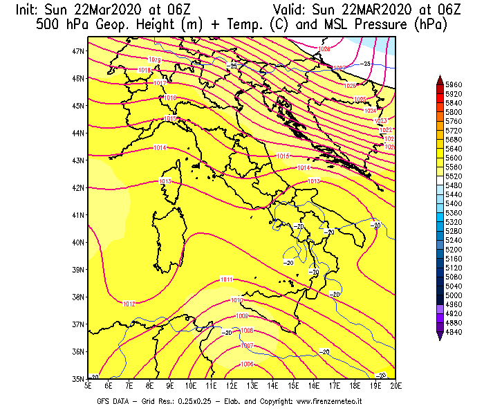 Mappa di analisi GFS - Geopotenziale [m] + Temp. [°C] a 500 hPa + Press. a livello del mare [hPa] in Italia
							del 22/03/2020 06 <!--googleoff: index-->UTC<!--googleon: index-->