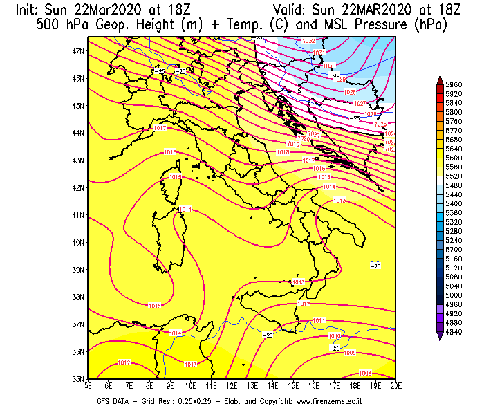 Mappa di analisi GFS - Geopotenziale [m] + Temp. [°C] a 500 hPa + Press. a livello del mare [hPa] in Italia
							del 22/03/2020 18 <!--googleoff: index-->UTC<!--googleon: index-->