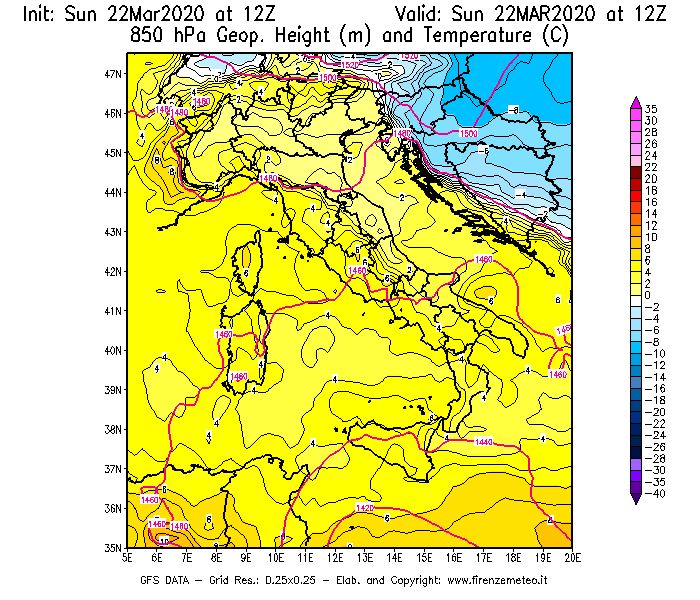 Mappa di analisi GFS - Geopotenziale [m] e Temperatura [°C] a 850 hPa in Italia
							del 22/03/2020 12 <!--googleoff: index-->UTC<!--googleon: index-->