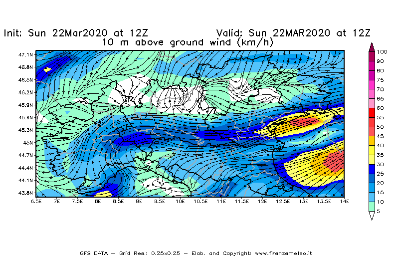 Mappa di analisi GFS - Velocità del vento a 10 metri dal suolo [km/h] in Nord-Italia
							del 22/03/2020 12 <!--googleoff: index-->UTC<!--googleon: index-->