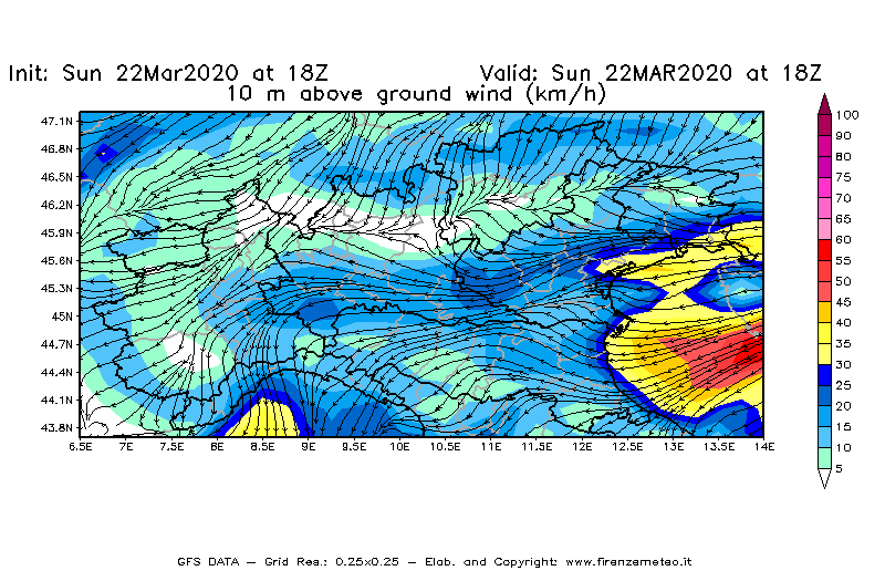 Mappa di analisi GFS - Velocità del vento a 10 metri dal suolo [km/h] in Nord-Italia
							del 22/03/2020 18 <!--googleoff: index-->UTC<!--googleon: index-->