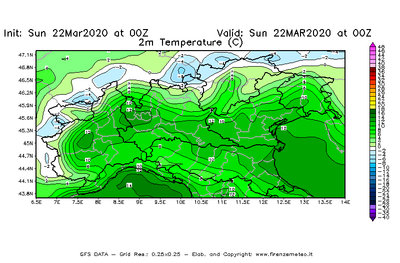 Mappa di analisi GFS - Temperatura a 2 metri dal suolo [°C] in Nord-Italia
							del 22/03/2020 00 <!--googleoff: index-->UTC<!--googleon: index-->
