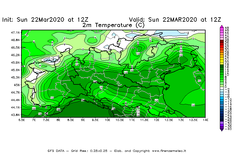 Mappa di analisi GFS - Temperatura a 2 metri dal suolo [°C] in Nord-Italia
							del 22/03/2020 12 <!--googleoff: index-->UTC<!--googleon: index-->