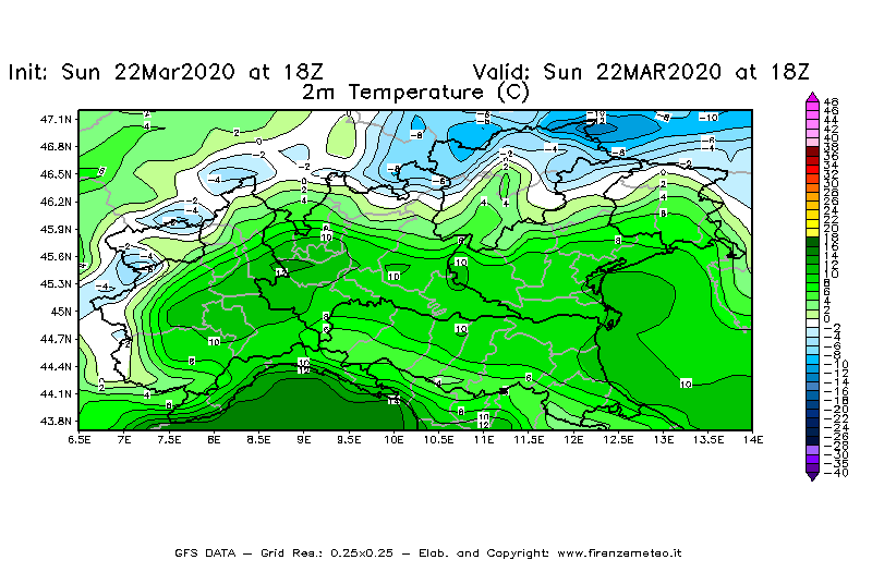 Mappa di analisi GFS - Temperatura a 2 metri dal suolo [°C] in Nord-Italia
							del 22/03/2020 18 <!--googleoff: index-->UTC<!--googleon: index-->