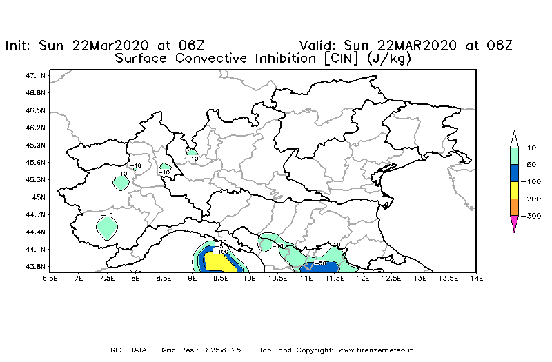 Mappa di analisi GFS - CIN [J/kg] in Nord-Italia
							del 22/03/2020 06 <!--googleoff: index-->UTC<!--googleon: index-->
