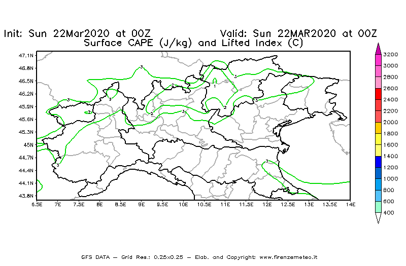 Mappa di analisi GFS - CAPE [J/kg] e Lifted Index [°C] in Nord-Italia
							del 22/03/2020 00 <!--googleoff: index-->UTC<!--googleon: index-->