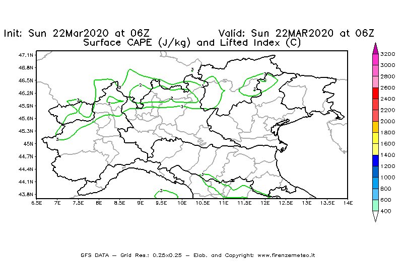 Mappa di analisi GFS - CAPE [J/kg] e Lifted Index [°C] in Nord-Italia
							del 22/03/2020 06 <!--googleoff: index-->UTC<!--googleon: index-->