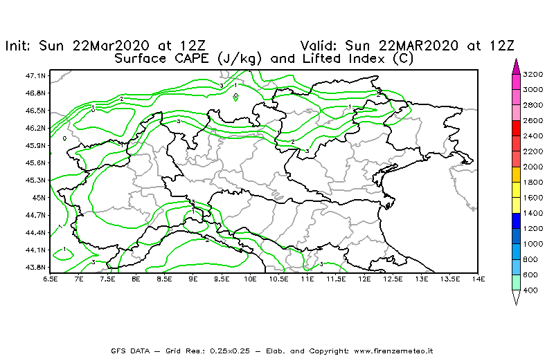 Mappa di analisi GFS - CAPE [J/kg] e Lifted Index [°C] in Nord-Italia
							del 22/03/2020 12 <!--googleoff: index-->UTC<!--googleon: index-->