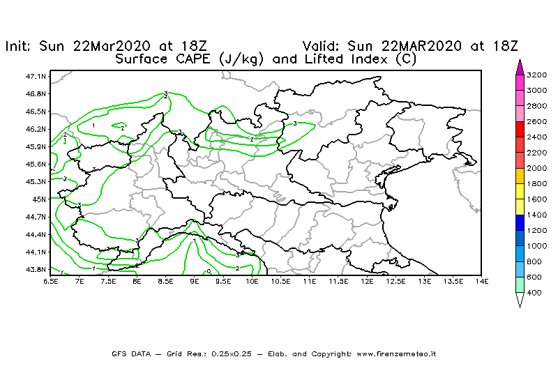 Mappa di analisi GFS - CAPE [J/kg] e Lifted Index [°C] in Nord-Italia
							del 22/03/2020 18 <!--googleoff: index-->UTC<!--googleon: index-->