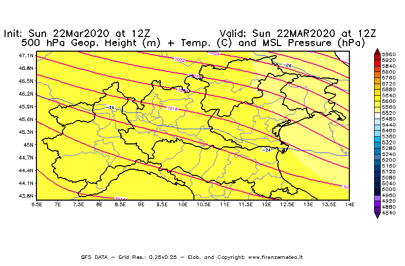 Mappa di analisi GFS - Geopotenziale [m] + Temp. [°C] a 500 hPa + Press. a livello del mare [hPa] in Nord-Italia
							del 22/03/2020 12 <!--googleoff: index-->UTC<!--googleon: index-->