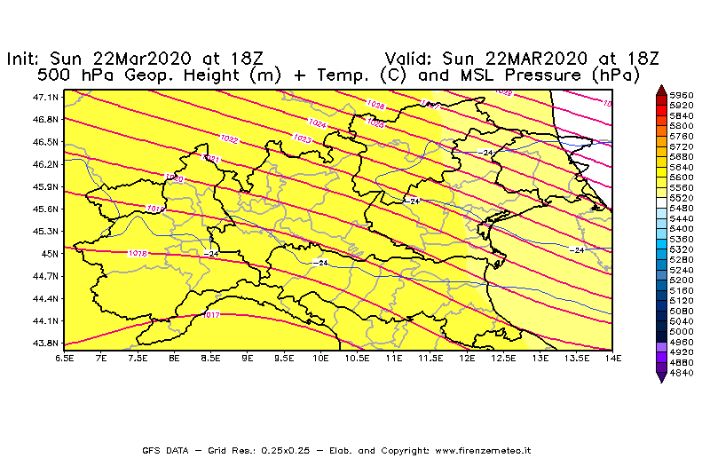 Mappa di analisi GFS - Geopotenziale [m] + Temp. [°C] a 500 hPa + Press. a livello del mare [hPa] in Nord-Italia
							del 22/03/2020 18 <!--googleoff: index-->UTC<!--googleon: index-->