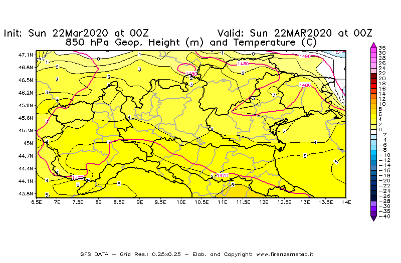 Mappa di analisi GFS - Geopotenziale [m] e Temperatura [°C] a 850 hPa in Nord-Italia
							del 22/03/2020 00 <!--googleoff: index-->UTC<!--googleon: index-->