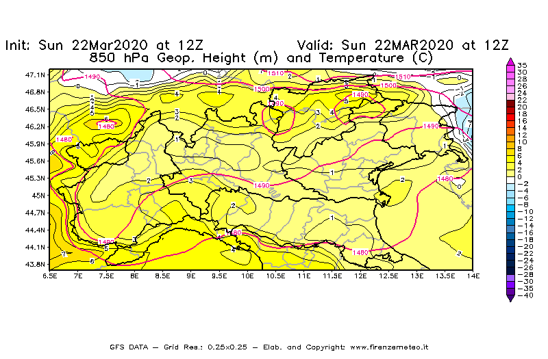 Mappa di analisi GFS - Geopotenziale [m] e Temperatura [°C] a 850 hPa in Nord-Italia
							del 22/03/2020 12 <!--googleoff: index-->UTC<!--googleon: index-->