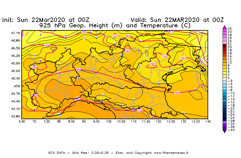 Mappa di analisi GFS - Geopotenziale [m] e Temperatura [°C] a 925 hPa in Nord-Italia
							del 22/03/2020 00 <!--googleoff: index-->UTC<!--googleon: index-->