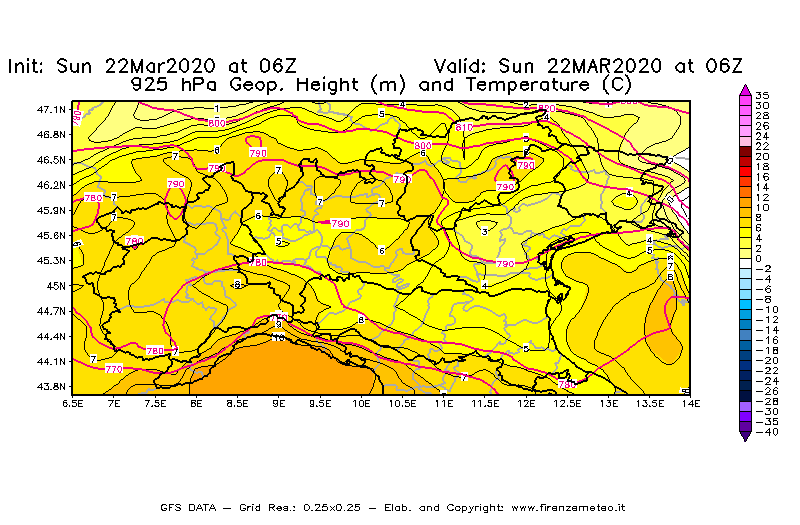 Mappa di analisi GFS - Geopotenziale [m] e Temperatura [°C] a 925 hPa in Nord-Italia
							del 22/03/2020 06 <!--googleoff: index-->UTC<!--googleon: index-->