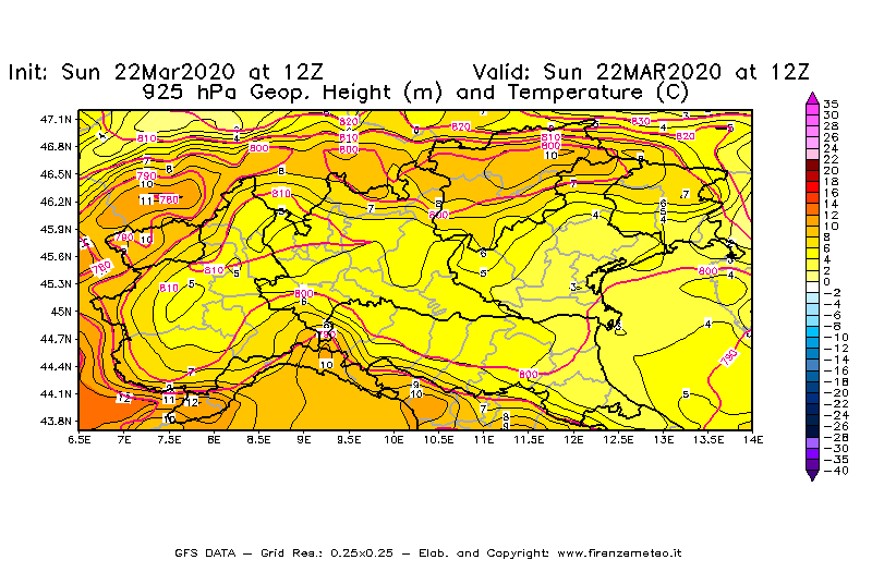 Mappa di analisi GFS - Geopotenziale [m] e Temperatura [°C] a 925 hPa in Nord-Italia
							del 22/03/2020 12 <!--googleoff: index-->UTC<!--googleon: index-->