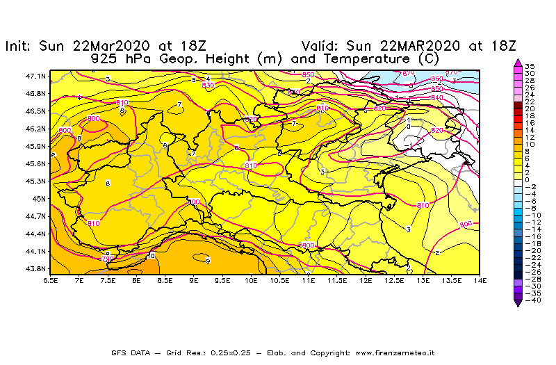 Mappa di analisi GFS - Geopotenziale [m] e Temperatura [°C] a 925 hPa in Nord-Italia
							del 22/03/2020 18 <!--googleoff: index-->UTC<!--googleon: index-->