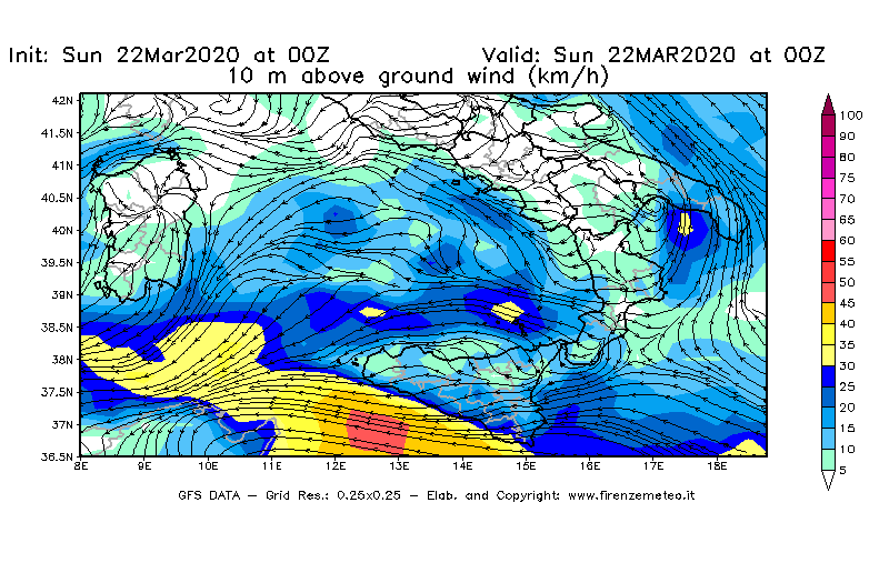 Mappa di analisi GFS - Velocità del vento a 10 metri dal suolo [km/h] in Sud-Italia
							del 22/03/2020 00 <!--googleoff: index-->UTC<!--googleon: index-->