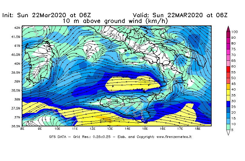 Mappa di analisi GFS - Velocità del vento a 10 metri dal suolo [km/h] in Sud-Italia
							del 22/03/2020 06 <!--googleoff: index-->UTC<!--googleon: index-->
