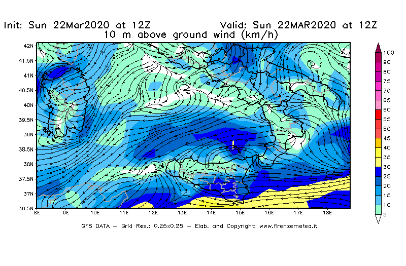 Mappa di analisi GFS - Velocità del vento a 10 metri dal suolo [km/h] in Sud-Italia
							del 22/03/2020 12 <!--googleoff: index-->UTC<!--googleon: index-->