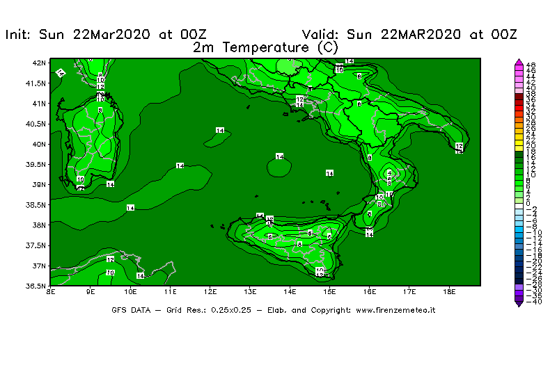 Mappa di analisi GFS - Temperatura a 2 metri dal suolo [°C] in Sud-Italia
							del 22/03/2020 00 <!--googleoff: index-->UTC<!--googleon: index-->