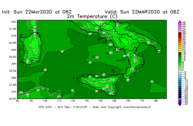 Mappa di analisi GFS - Temperatura a 2 metri dal suolo [°C] in Sud-Italia
							del 22/03/2020 06 <!--googleoff: index-->UTC<!--googleon: index-->