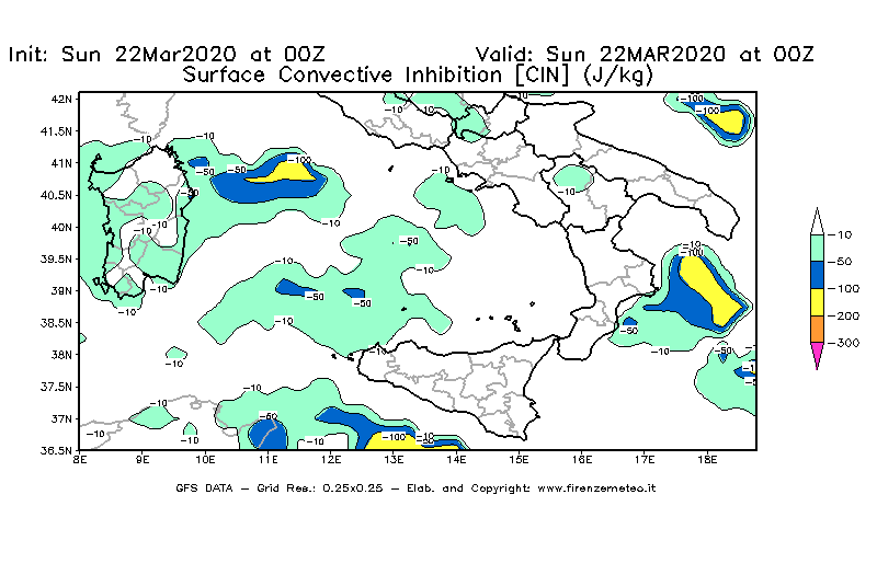 Mappa di analisi GFS - CIN [J/kg] in Sud-Italia
							del 22/03/2020 00 <!--googleoff: index-->UTC<!--googleon: index-->
