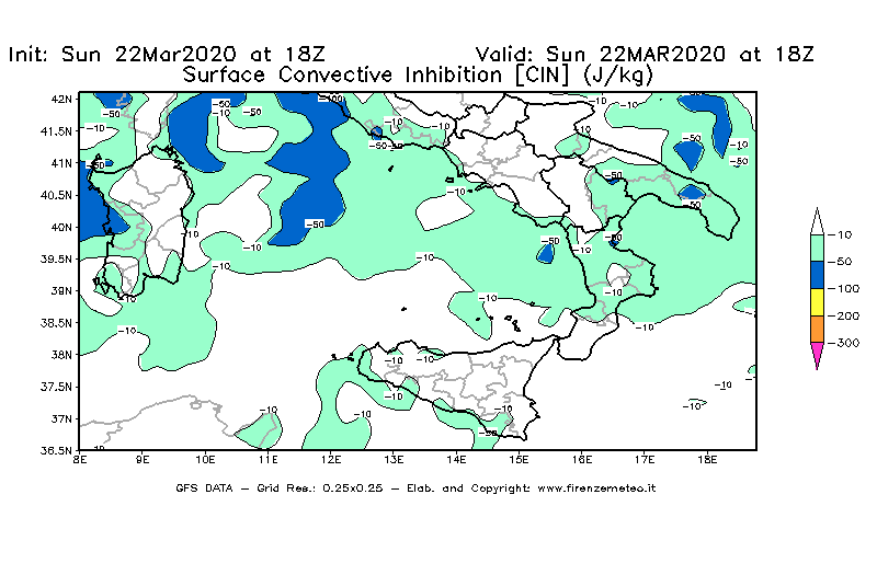 Mappa di analisi GFS - CIN [J/kg] in Sud-Italia
							del 22/03/2020 18 <!--googleoff: index-->UTC<!--googleon: index-->