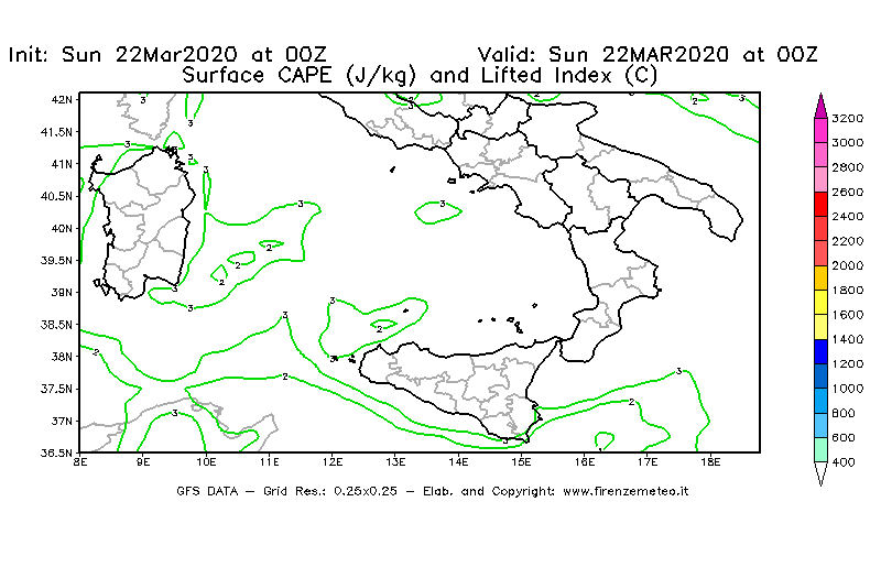 Mappa di analisi GFS - CAPE [J/kg] e Lifted Index [°C] in Sud-Italia
							del 22/03/2020 00 <!--googleoff: index-->UTC<!--googleon: index-->