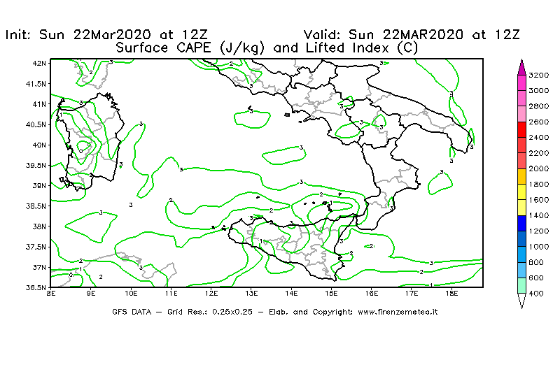 Mappa di analisi GFS - CAPE [J/kg] e Lifted Index [°C] in Sud-Italia
							del 22/03/2020 12 <!--googleoff: index-->UTC<!--googleon: index-->