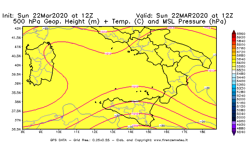 Mappa di analisi GFS - Geopotenziale [m] + Temp. [°C] a 500 hPa + Press. a livello del mare [hPa] in Sud-Italia
							del 22/03/2020 12 <!--googleoff: index-->UTC<!--googleon: index-->