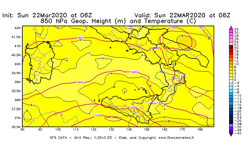 Mappa di analisi GFS - Geopotenziale [m] e Temperatura [°C] a 850 hPa in Sud-Italia
							del 22/03/2020 06 <!--googleoff: index-->UTC<!--googleon: index-->