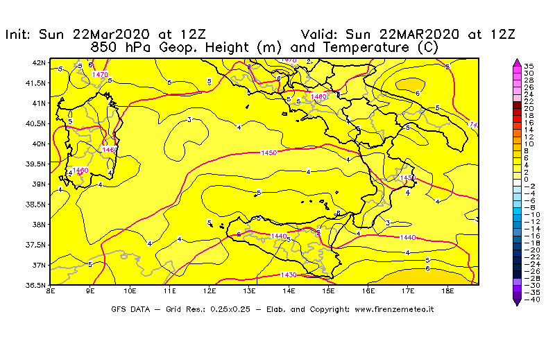 Mappa di analisi GFS - Geopotenziale [m] e Temperatura [°C] a 850 hPa in Sud-Italia
							del 22/03/2020 12 <!--googleoff: index-->UTC<!--googleon: index-->