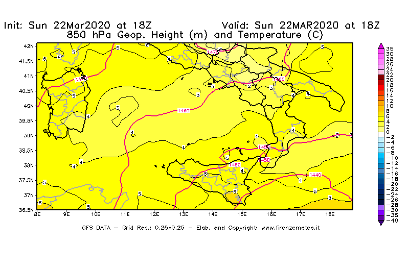 Mappa di analisi GFS - Geopotenziale [m] e Temperatura [°C] a 850 hPa in Sud-Italia
							del 22/03/2020 18 <!--googleoff: index-->UTC<!--googleon: index-->