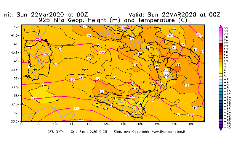 Mappa di analisi GFS - Geopotenziale [m] e Temperatura [°C] a 925 hPa in Sud-Italia
							del 22/03/2020 00 <!--googleoff: index-->UTC<!--googleon: index-->