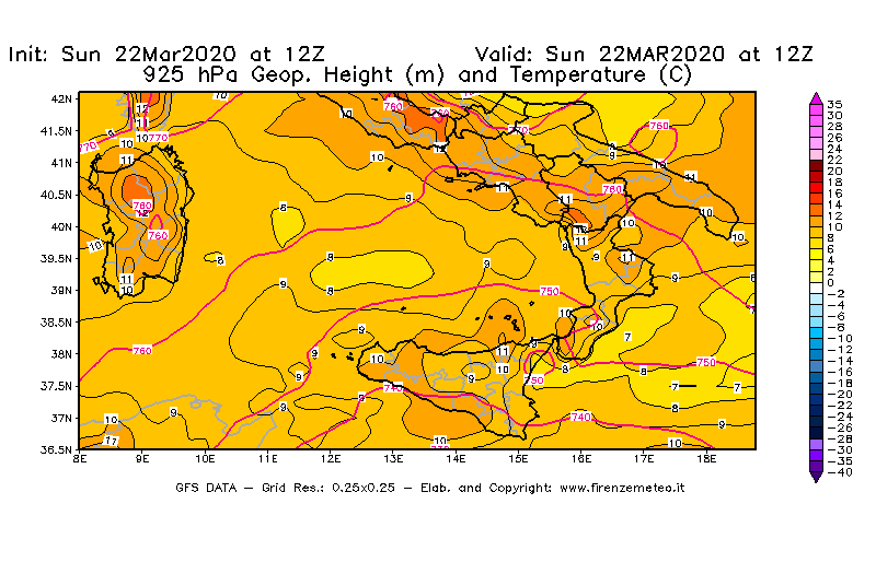 Mappa di analisi GFS - Geopotenziale [m] e Temperatura [°C] a 925 hPa in Sud-Italia
							del 22/03/2020 12 <!--googleoff: index-->UTC<!--googleon: index-->