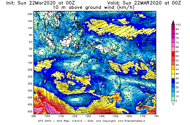 Mappa di analisi GFS - Velocità del vento a 10 metri dal suolo [km/h] in Oceania
							del 22/03/2020 00 <!--googleoff: index-->UTC<!--googleon: index-->