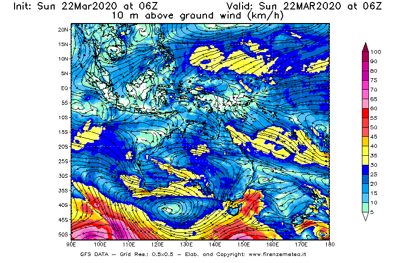 Mappa di analisi GFS - Velocità del vento a 10 metri dal suolo [km/h] in Oceania
							del 22/03/2020 06 <!--googleoff: index-->UTC<!--googleon: index-->