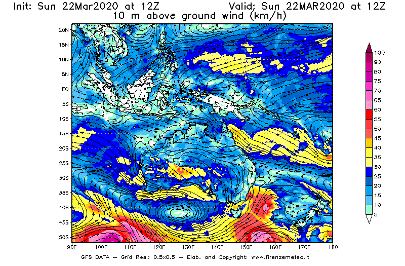 Mappa di analisi GFS - Velocità del vento a 10 metri dal suolo [km/h] in Oceania
							del 22/03/2020 12 <!--googleoff: index-->UTC<!--googleon: index-->