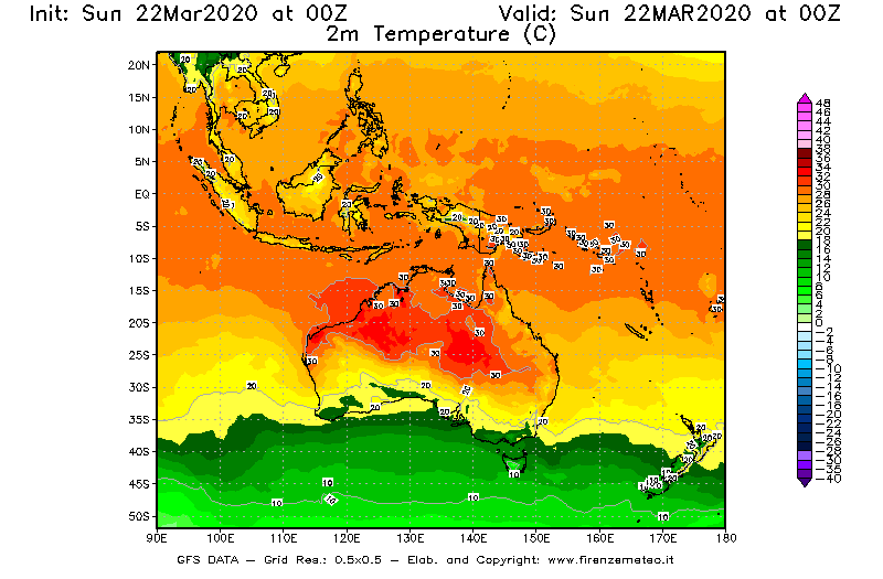 Mappa di analisi GFS - Temperatura a 2 metri dal suolo [°C] in Oceania
							del 22/03/2020 00 <!--googleoff: index-->UTC<!--googleon: index-->