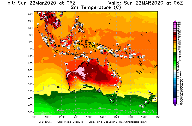Mappa di analisi GFS - Temperatura a 2 metri dal suolo [°C] in Oceania
							del 22/03/2020 06 <!--googleoff: index-->UTC<!--googleon: index-->