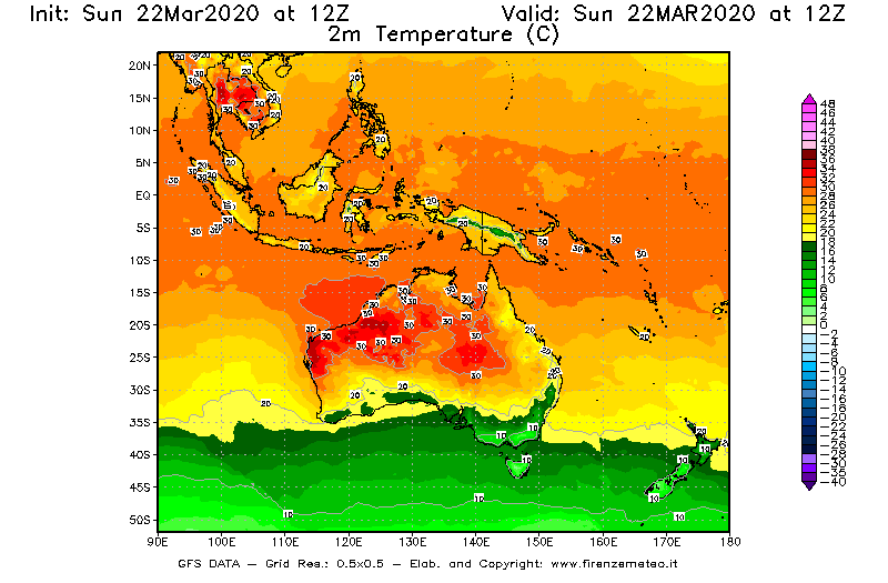 Mappa di analisi GFS - Temperatura a 2 metri dal suolo [°C] in Oceania
							del 22/03/2020 12 <!--googleoff: index-->UTC<!--googleon: index-->