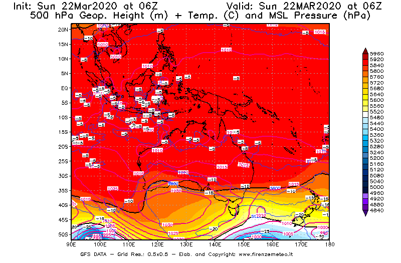 Mappa di analisi GFS - Geopotenziale [m] + Temp. [°C] a 500 hPa + Press. a livello del mare [hPa] in Oceania
							del 22/03/2020 06 <!--googleoff: index-->UTC<!--googleon: index-->