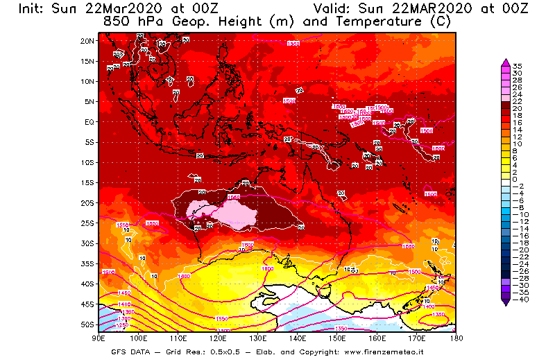 Mappa di analisi GFS - Geopotenziale [m] e Temperatura [°C] a 850 hPa in Oceania
							del 22/03/2020 00 <!--googleoff: index-->UTC<!--googleon: index-->