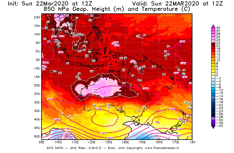 Mappa di analisi GFS - Geopotenziale [m] e Temperatura [°C] a 850 hPa in Oceania
							del 22/03/2020 12 <!--googleoff: index-->UTC<!--googleon: index-->