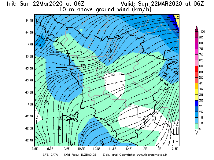 Mappa di analisi GFS - Velocità del vento a 10 metri dal suolo [km/h] in Toscana
							del 22/03/2020 06 <!--googleoff: index-->UTC<!--googleon: index-->