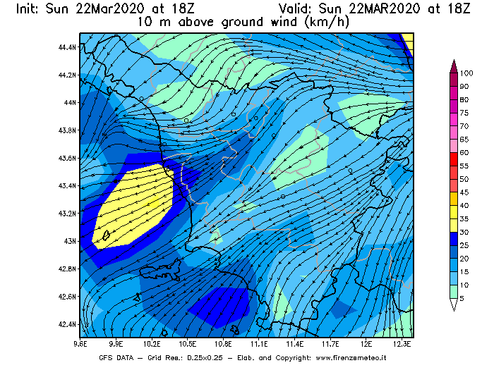 Mappa di analisi GFS - Velocità del vento a 10 metri dal suolo [km/h] in Toscana
							del 22/03/2020 18 <!--googleoff: index-->UTC<!--googleon: index-->
