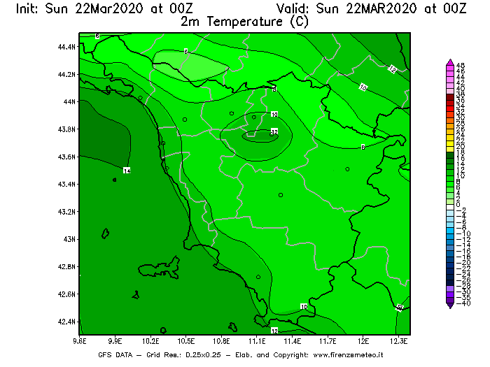 Mappa di analisi GFS - Temperatura a 2 metri dal suolo [°C] in Toscana
							del 22/03/2020 00 <!--googleoff: index-->UTC<!--googleon: index-->