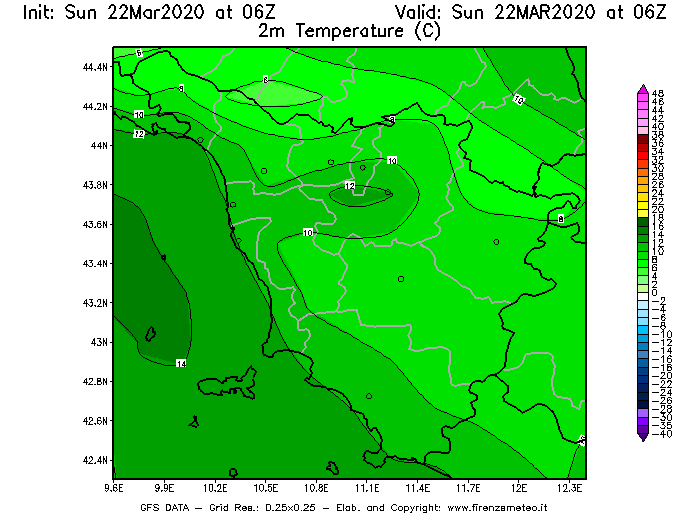 Mappa di analisi GFS - Temperatura a 2 metri dal suolo [°C] in Toscana
							del 22/03/2020 06 <!--googleoff: index-->UTC<!--googleon: index-->
