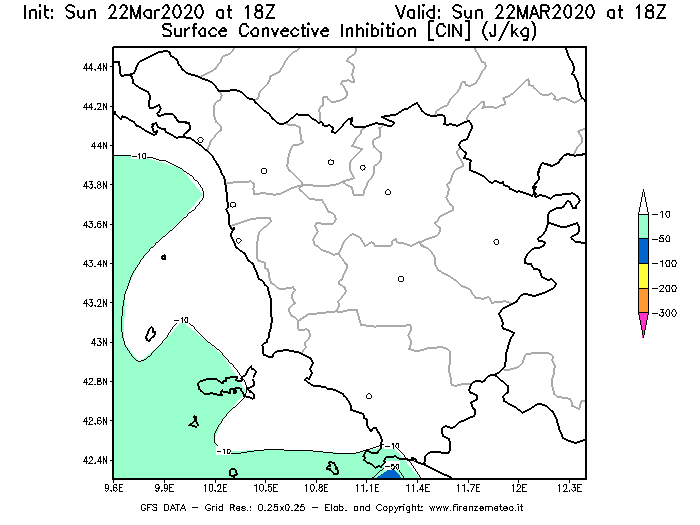Mappa di analisi GFS - CIN [J/kg] in Toscana
							del 22/03/2020 18 <!--googleoff: index-->UTC<!--googleon: index-->